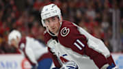 Apr 2, 2025; Chicago, Illinois, USA; Colorado Avalanche center Brock Nelson (11) waits for a faceoff during the second period against the Chicago Blackhawks at United Center. Mandatory Credit: Talia Sprague-Imagn Images