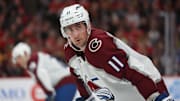Colorado Avalanche center Brock Nelson waits for a face-off during the second period against the Chicago Blackhawks.