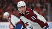 Colorado Avalanche center Brock Nelson waits for a faceoff during the second period against the Chicago Blackhawks.