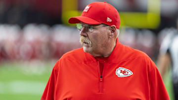 Aug 9, 2025; Glendale, Arizona, USA; Kansas City Chiefs head coach Andy Reid against the Arizona Cardinals during a preseason NFL game at State Farm Stadium. Mandatory Credit: Mark J. Rebilas-Imagn Images