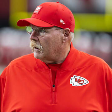 Aug 9, 2025; Glendale, Arizona, USA; Kansas City Chiefs head coach Andy Reid against the Arizona Cardinals during a preseason NFL game at State Farm Stadium. Mandatory Credit: Mark J. Rebilas-Imagn Images