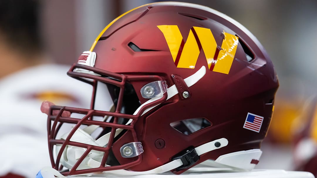 Sep 29, 2024; Glendale, Arizona, USA; Detailed view of a Washington Commanders helmet at State Farm Stadium. Mandatory Credit: Mark J. Rebilas-Imagn Images