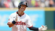 Jul 24, 2025; Cleveland, Ohio, USA; Cleveland Guardians left fielder Steven Kwan (38) rounds the bases after hitting a home run during the third inning against the Baltimore Orioles at Progressive Field. Mandatory Credit: Ken Blaze-Imagn Images