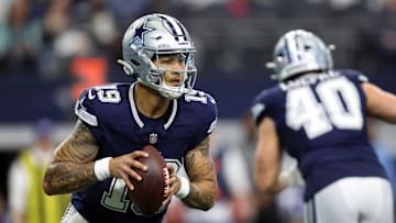 Jan 5, 2025; Arlington, Texas, USA; Dallas Cowboys quarterback Trey Lance (19) throws a pass against the Washington Commanders during the first quarter at AT&T Stadium. Mandatory Credit: Tim Heitman-Imagn Images