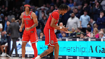 Feb 12, 2025; Villanova, Pennsylvania, USA; Saint John's Red Storm guard Simeon Wilcher (7) reacts against the Villanova Wildcats in the second half at William B. Finneran Pavilion. Mandatory Credit: Kyle Ross-Imagn Images