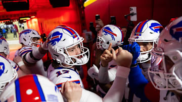 Jan 26, 2025; Kansas City, MO, USA; Buffalo Bills quarterback Josh Allen (17) with teammates prior to the game against the Kansas City Chiefs in the AFC Championship game