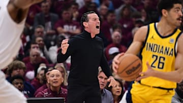 May 4, 2025; Cleveland, Ohio, USA; Cleveland Cavaliers head coach Kenny Atkinson reacts during the first half against the Indiana Pacers in game one of the second round for the 2025 NBA Playoffs at Rocket Arena. Mandatory Credit: Ken Blaze-Imagn Images