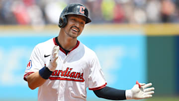 Jul 24, 2025; Cleveland, Ohio, USA; Cleveland Guardians left fielder Steven Kwan (38) rounds the bases after hitting a home run during the third inning against the Baltimore Orioles at Progressive Field. Mandatory Credit: Ken Blaze-Imagn Images