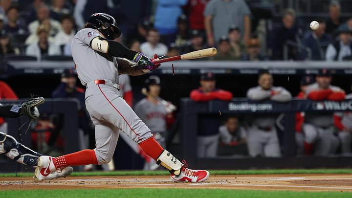 Oct 2, 2025; Bronx, New York, USA; Boston Red Sox outfielder Jarren Duran (16) breaks his bat as he lines out during the first inning against the New York Yankees during game three of the Wildcard round for the 2025 MLB playoffs at Yankee Stadium. Mandatory Credit: Vincent Carchietta-Imagn Images