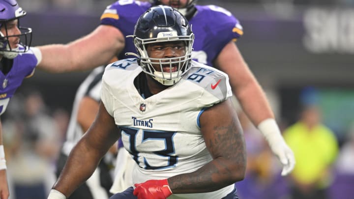 Aug 19, 2023; Minneapolis, Minnesota, USA; Tennessee Titans defensive tackle Teair Tart (93) in action during the second quarter against the Minnesota Vikings at U.S. Bank Stadium. Mandatory Credit: Jeffrey Becker-USA TODAY Sports