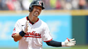 Jul 24, 2025; Cleveland, Ohio, USA; Cleveland Guardians left fielder Steven Kwan (38) rounds the bases after hitting a home run during the third inning against the Baltimore Orioles at Progressive Field. Mandatory Credit: Ken Blaze-Imagn Images