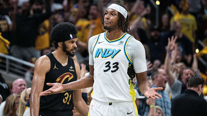 May 11, 2025; Indianapolis, Indiana, USA; Indiana Pacers center Myles Turner (33) celebrates a made basket during game four of the second round for the 2025 NBA Playoffs against the Cleveland Cavaliers at Gainbridge Fieldhouse. Mandatory Credit: Trevor Ruszkowski-Imagn Images