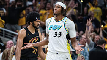 May 11, 2025; Indianapolis, Indiana, USA; Indiana Pacers center Myles Turner (33) celebrates a made basket during game four of the second round for the 2025 NBA Playoffs against the Cleveland Cavaliers at Gainbridge Fieldhouse. Mandatory Credit: Trevor Ruszkowski-Imagn Images