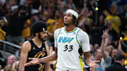 Former Indiana Pacers center Myles Turner (33) celebrates a made basket during game four of the second round for the 2025 NBA Playoffs.