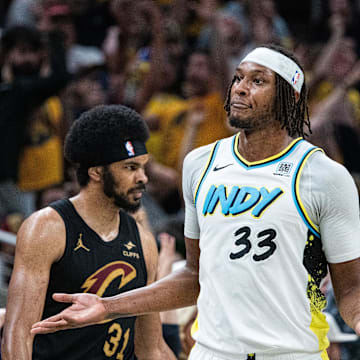 Former Indiana Pacers center Myles Turner (33) celebrates a made basket during game four of the second round for the 2025 NBA Playoffs.