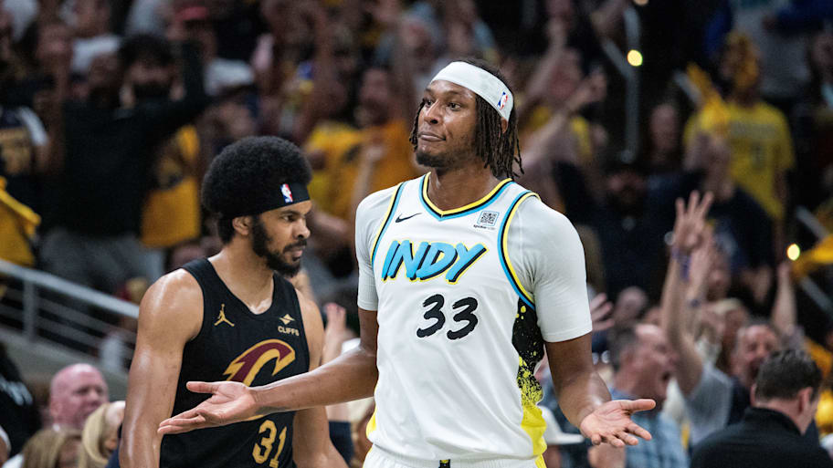 Former Indiana Pacers center Myles Turner (33) celebrates a made basket during game four of the second round for the 2025 NBA Playoffs. | Trevor Ruszkowski-Imagn Images