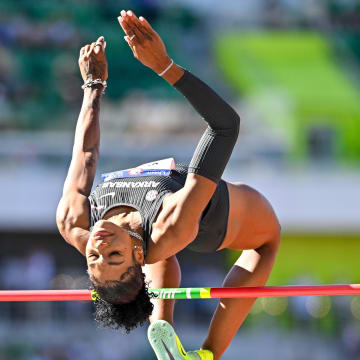 Rachel Glenn competes in the high jump competition during the US Olympic Track and Field Team Trials. 