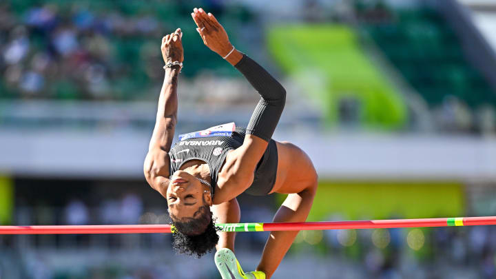 Rachel Glenn competes in the high jump competition during the US Olympic Track and Field Team Trials. 