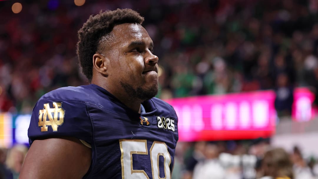 Jan 20, 2025; Atlanta, GA, USA; Notre Dame Fighting Irish offensive lineman Aamil Wagner (59) reacts after losing against the Ohio State Buckeyes in the CFP National Championship college football game at Mercedes-Benz Stadium.  