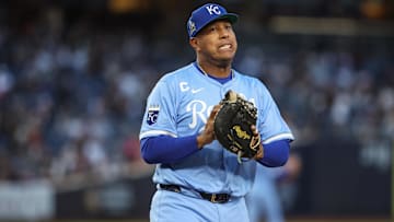 Apr 15, 2025; Bronx, New York, USA;  Kansas City Royals first baseman Salvador Perez (13) at Yankee Stadium. Mandatory Credit: Wendell Cruz-Imagn Images