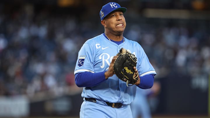 Apr 15, 2025; Bronx, New York, USA;  Kansas City Royals first baseman Salvador Perez (13) at Yankee Stadium. Mandatory Credit: Wendell Cruz-Imagn Images