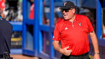 Texas Tech head coach Gerry Glasco yells at the officials in the second inning during a softball game between Texas Tech and UCLA at the Women’s College World Series at Devon Park in Oklahoma City, on Saturday, May 31, 2025.