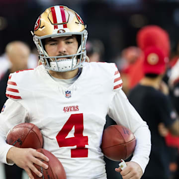 Jan 5, 2025; Glendale, Arizona, USA; San Francisco 49ers kicker Jake Moody (4) against the Arizona Cardinals at State Farm Stadium. Mandatory Credit: Mark J. Rebilas-Imagn Images