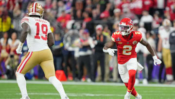 Feb 11, 2024; Paradise, Nevada, USA; Kansas City Chiefs cornerback Joshua Williams (2) looks on against the San Francisco 49ers during the second quarter of Super Bowl LVIII at Allegiant Stadium. Mandatory Credit: Kirby Lee-USA TODAY Sports