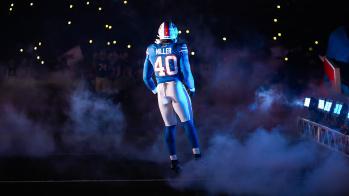 Jan 21, 2024; Orchard Park, New York, USA; Buffalo Bills linebacker Von Miller (40) against the Kansas City Chiefs in the 2024 AFC divisional round game at Highmark Stadium. Mandatory Credit: Mark J. Rebilas-USA TODAY Sports