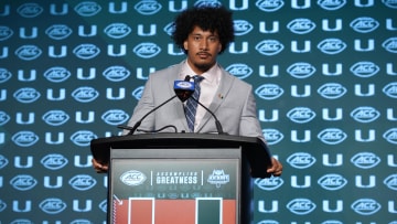 Jul 24, 2024; Charlotte, NC, USA;  Miami Hurricanes linebacker Francisco Mauigoa speaks to the media during the ACC Kickoff at Hilton Charlotte Uptown. Mandatory Credit: Jim Dedmon-USA TODAY Sports