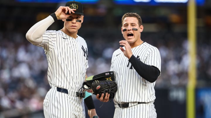 May 17, 2024; Bronx, New York, USA;  New York Yankees center fielder Aaron Judge (99) and first baseman Anthony Rizzo (48) at Yankee Stadium. Mandatory Credit: Wendell Cruz-USA TODAY Sports