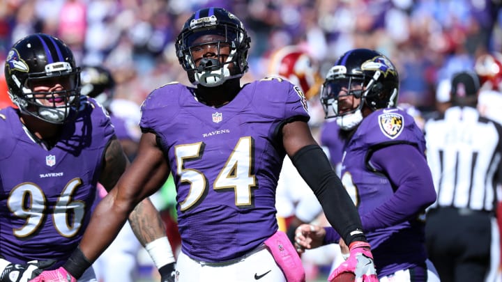 Oct 9, 2016; Baltimore, MD, USA;  Baltimore Ravens linebacker Zachary Orr (54) celebrates his fumble recovery against the Washington Redskins at M&T Bank Stadium. Mandatory Credit: Mitch Stringer-USA TODAY Sports