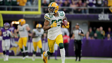 Green Bay Packers wide receiver Marquez Valdes-Scantling (83) scores a touchdown on a 75-yard touchdown during the fourth quarter of their game Sunday, November 21, 2021 at U.S. Bank Stadium in Minneapolis, Minn.