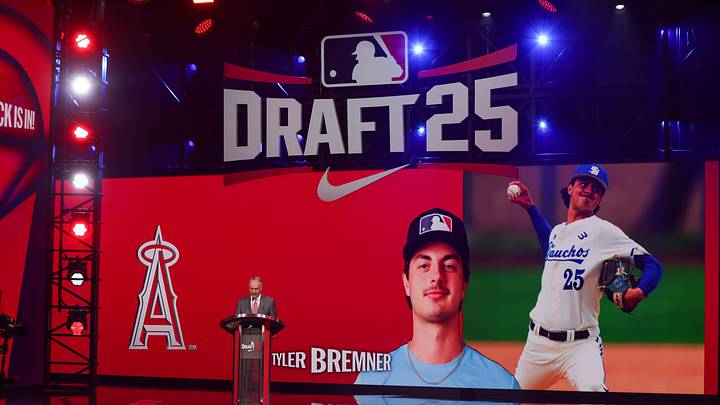 Jul 13, 2025; Atlanta, GA, USA; Tyler Bremner is drafted by the Los Angeles Angels with the second pick during the first round of the MLB Draft at The Coca-Cola Roxy. Mandatory Credit: Brett Davis-Imagn Images