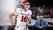 Dec 26, 2024; Phoenix, AZ, USA; Rutgers Scarlet Knights quarterback Athan Kaliakmanis (16) against the Kansas State Wildcats during the Rate Bowl at Chase Field. Mandatory Credit: Mark J. Rebilas-Imagn Images