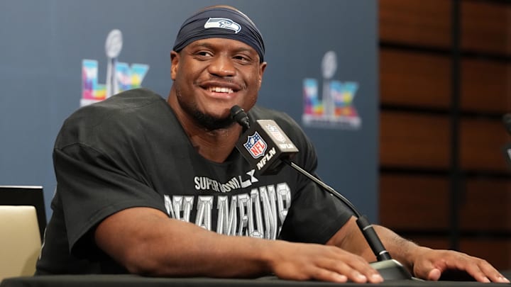 Feb 8, 2026; Santa Clara, CA, USA; Seattle Seahawks running back Kenneth Walker III (9) speaks in a press conference after defeating the New England Patriots in Super Bowl LX at Levi's Stadium. Mandatory Credit: Kirby Lee-Imagn Images