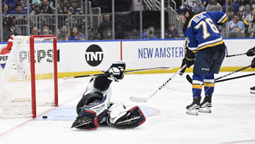 St. Louis Blues center Zack Bolduc (76) hits the post