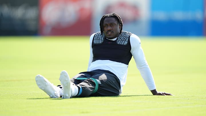 Philadelphia Eagles wide receiver A.J. Brown (11) warms up during training camp.