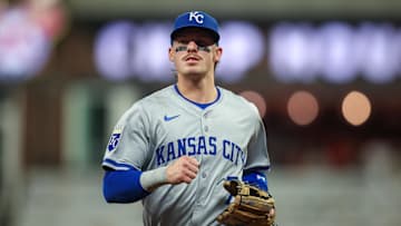 Sep 27, 2024; Atlanta, Georgia, USA; Kansas City Royals shortstop Bobby Witt Jr. (7) runs off the field against the Atlanta Braves in the fourth inning at Truist Park. Mandatory Credit: Brett Davis-Imagn Images