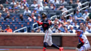 Minnesota Twins center fielder Byron Buxton (25) watches his solo home run against the New York Mets during the second inning at Citi Field in 2024.