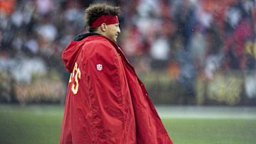 Dec 15, 2024; Cleveland, Ohio, USA; Kansas City Chiefs quarterback Patrick Mahomes (15) walks to the sideline during a timeout in the fourth quarter against the Cleveland Browns at Huntington Bank Field. Mandatory Credit: Scott Galvin-Imagn Images