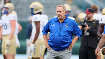 Nov 11, 2023; New Orleans, Louisiana, USA; Tulsa Golden Hurricane head coach Kevin Wilson before their game against the Tulane Green Wave at Yulman Stadium. Mandatory Credit: Matthew Dobbins-Imagn Images