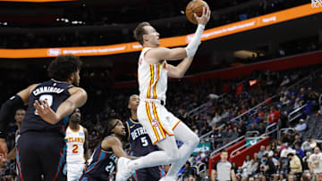 Dec 1, 2025; Detroit, Michigan, USA;  Atlanta Hawks guard Luke Kennard (3) shoots in the first half against the Detroit Pistons at Little Caesars Arena. Mandatory Credit: Rick Osentoski-Imagn Images