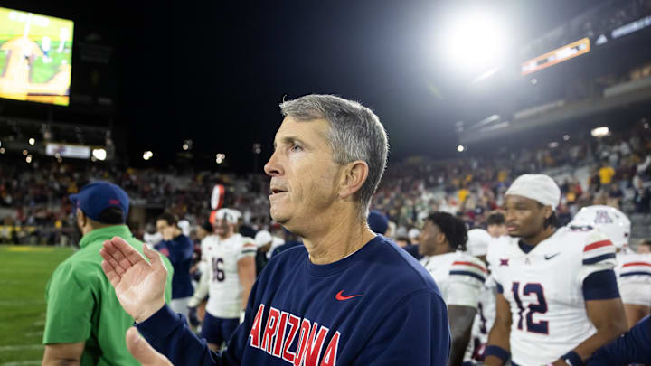 Nov 28, 2025; Tempe, Arizona, USA; Arizona Wildcats head coach Brent Brennan against the Arizona State Sun Devils during the 99th Territorial Cup at Mountain America Stadium. Mandatory Credit: Mark J. Rebilas-Imagn Images