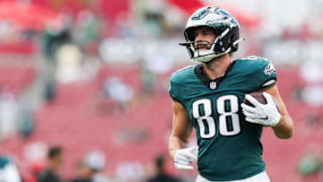 Sep 28, 2025; Tampa, Florida, USA; Philadelphia Eagles tight end Dallas Goedert (88) warms up on the field before the game against Tampa Bay Buccaneers at Raymond James Stadium. Mandatory Credit: Nathan Ray Seebeck-Imagn Images