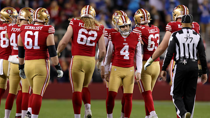 Dec 30, 2024; Santa Clara, California, USA; San Francisco 49ers place kicker Jake Moody (4) reacts after missing a field goal during the fourth quarter against the Detroit Lions at Levi's Stadium. Mandatory Credit: Sergio Estrada-Imagn Images Dec 30, 2024; Santa Clara, California, USA; San Francisco 49ers place kicker Jake Moody (4) reacts after missing a field goal during the fourth quarter against the Detroit Lions at Levi's Stadium. Mandatory Credit: Sergio Estrada-Imagn Images