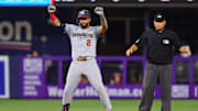 Sep 4, 2024; Miami, Florida, USA; Washington Nationals second baseman Luis Garcia Jr. (2) reacts from second base after hitting a double against the Miami Marlins during the fourth inning at loanDepot Park.