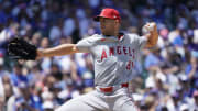 Jul 6, 2024; Chicago, Illinois, USA; Los Angeles Angels pitcher Tyler Anderson (31) throws the ball against the Chicago Cubs during the first inning at Wrigley Field. Mandatory Credit: David Banks-USA TODAY Sports