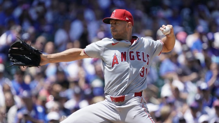 Jul 6, 2024; Chicago, Illinois, USA; Los Angeles Angels pitcher Tyler Anderson (31) throws the ball against the Chicago Cubs during the first inning at Wrigley Field. Mandatory Credit: David Banks-USA TODAY Sports