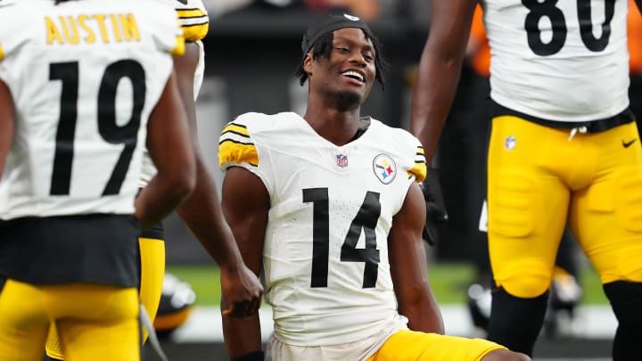 Sep 24, 2023; Paradise, Nevada, USA; Pittsburgh Steelers wide receiver George Pickens (14) warms up before the start of a game against the Las Vegas Raiders at Allegiant Stadium. Mandatory Credit: Stephen R. Sylvanie-USA TODAY Sports